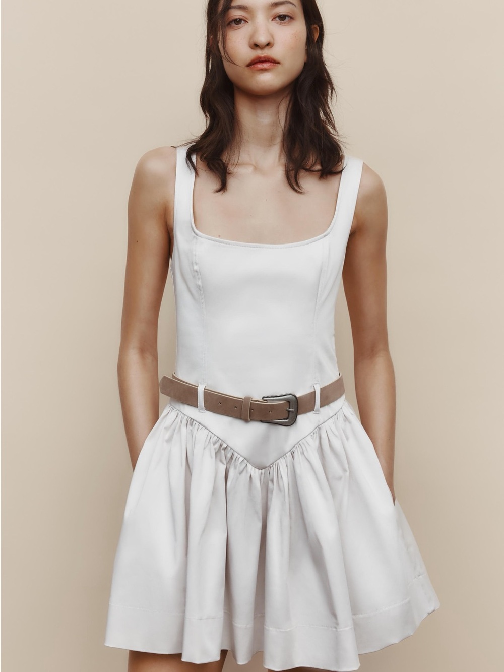 Zara White Mini Dress with Taupe Belt